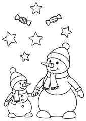 Snowman vector illustration of a parent and child winter duo with hats scarves and carrot noses holding hands beneath stars and floating candies