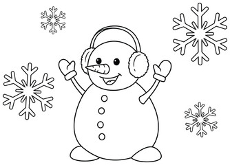 Snowman vector illustration of a joyful winter character with carrot nose buttons and scarf wearing earmuffs and mittens surrounded by large falling snowflakes