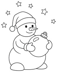 Snowman vector illustration of a cheerful winter character with hat gloves and carrot nose holding a large Christmas ornament ball surrounded by shining stars