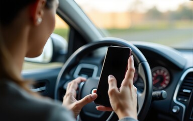 Close up of female driver's hand holding cellphone and showing screen at camera. High quality