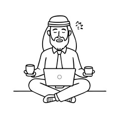 Crossed legged arab businessman meditating with coffee and laptop 2D line character. Workplace focus. Office worker calm posture isolated vector ink outline person. Monochromatic spot illustration See