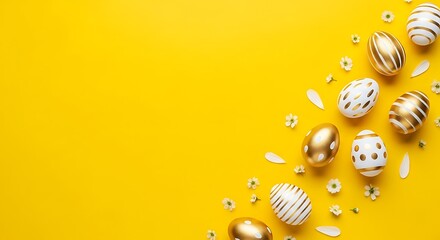 Golden Easter Eggs on Yellow Background.