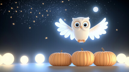 Cute owl flying above three pumpkins in a Halloween-themed scene  