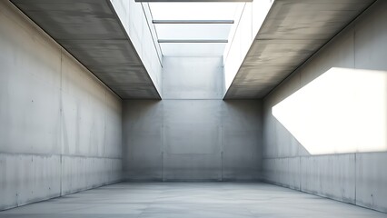 Obraz premium A monochrome concrete interior with clean lines and geometric shadows, illuminated by natural skylight.