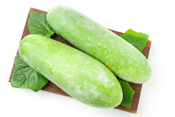 Fresh Shandong Winter Melon Slices on Wooden Board with Green Leaves White Background