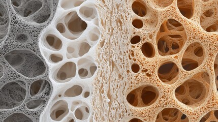 World Osteoporosis Day.Microscopic view of bone trabeculae showing healthy dense structure vs porous osteoporotic bone, scientific realism