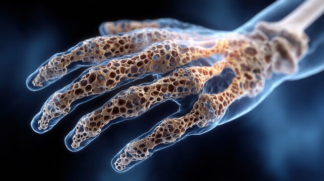 World Osteoporosis Day. Realistic medical illustration of elderly hand bones showing osteoporosis, porous and fragile structure