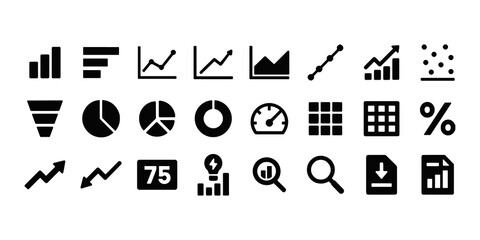 Analytics dashboard glyph icon set. Vector pictograms of percent, growth graph, decline, trend, arrow, filter, segmentation, magnify, analysis, document, black sign silhouette illustration.