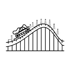 Thrilling roller coaster ride 2D line object. Amusement theme park attraction steep drop. Rail rollercoaster train reaching peak isolated clipart vector ink outline item. Monochrome spot illustration 