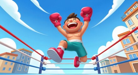 Excited cartoon boxer with red gloves and green shorts jumping in a boxing ring with buildings in the background under a blue sky with clouds