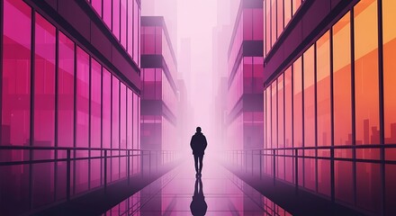 Focused Person Walking Through Colorful City Corridor.