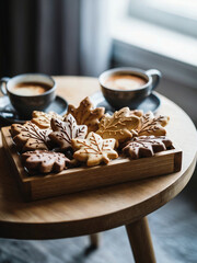 Autumn leaf-shaped cookies decorated with chocolate  on wooden tray. Cups of coffee on the background. Autumn mood, fall concept.