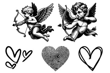 A black white cupid angel and love with transparent background