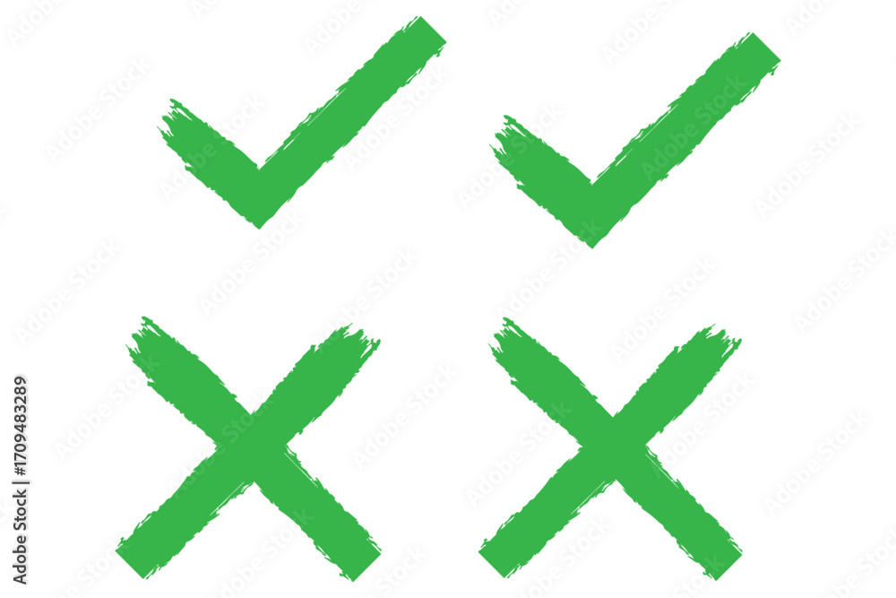 Aufkleber grunge brush stroke checkmarks with tick and cross symbols. green and re grunge style vector illustr