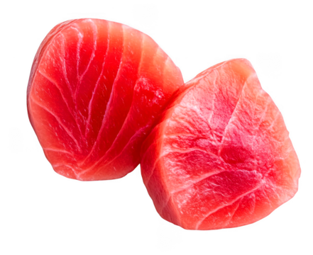 Two cut raw tuna pieces present beautiful red colors on transparent background