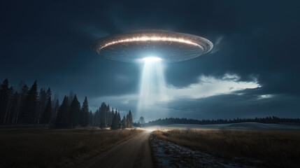 UFO hovering over a rural road with bright light beam at night. Dark forest landscape under cloudy sky with glowing spaceship creating dramatic lighting
