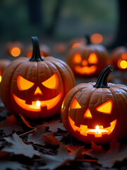 group intricately carved aglow warm golden candlelight amidst darkness misty autumn