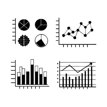 Data visualization charts black and white 2D line objects set. Piechart, bar graphs, scatter plots. Analysis diagrams isolated clip arts vector outline items collection. Monochrome spot illustrations 