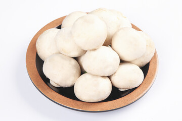 Fresh White Button Mushrooms in Wooden Bowl - Healthy Vegan Ingredient Studio Shot