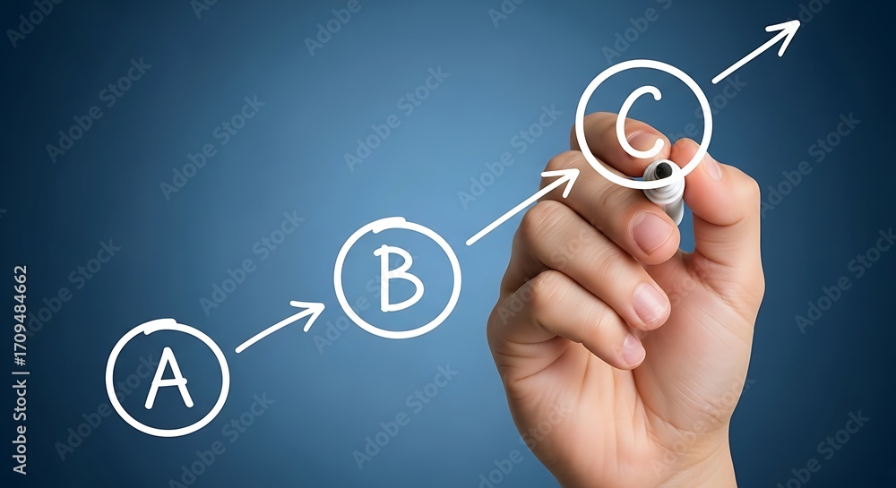 Poster illustrating a step-by-step process through a visual progression showing growth and improvement