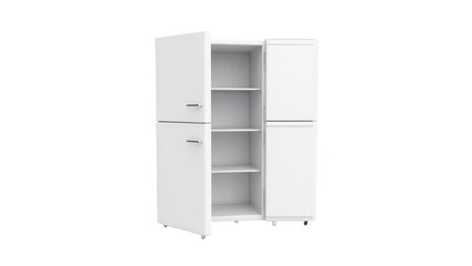 An empty white refrigerator with multiple shelves and doors is presented in a  setting.