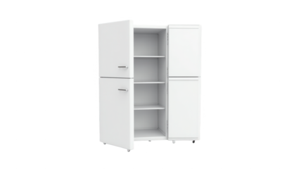An empty white refrigerator with multiple shelves and doors is presented in a  setting.