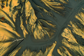 Aerial view of acid mine water drainage flow, toxic mine waters polluting the environment. Rosia...