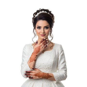 A beautiful woman in a wedding dress with henna on her hands on white or transparent background