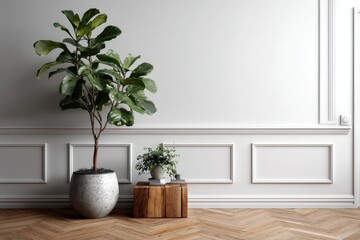 A potted plant sits on a wooden floor in a hallway by a window