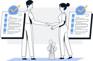 business people working together Two people shaking hands in an office - like setting, with a plant and a screen in the background, in a line - art style