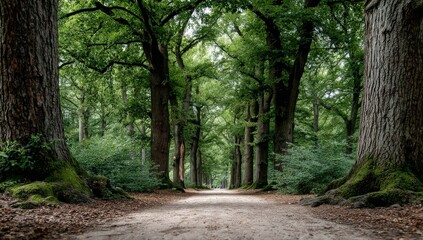 Obraz premium There is a peaceful dirt road that travels through a lush green forest