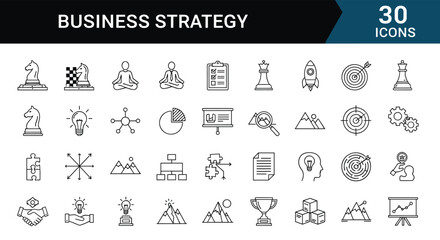 Business Strategy Icon Set, Planning, Analysis, Growth, Chess, Rocket, Lightbulb, Gear, Trophy, Document, Vector, Black White, Minimal