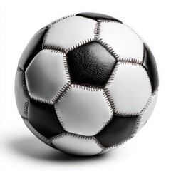 A classic black and white soccer ball resting on a gray background
