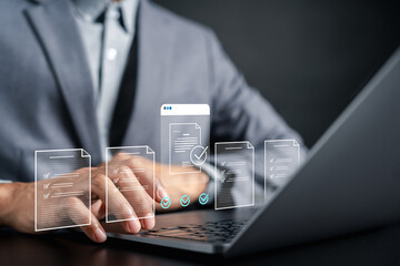 Business planning checklist with digital documents strategy development, compliance verification, workflow management, audit process, and corporate administration system.