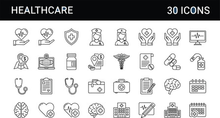 Healthcare Line Icon Set, Medical Symbols, Hospital, Nurse, Heart, Brain, Stethoscope, Syringe, Pills, Clipboard, Vector, Black White