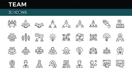 Teamwork Line Icon Set, Collaboration, Communication, Leadership, People, Meeting, Idea, Presentation, Network, Productivity, Vector, Black White