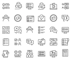 Line icons about survey. Contains such icons as poll, data analysis, customers loyalty, feedback, and rating. Editable stroke. 