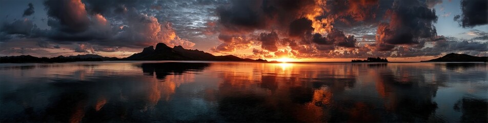 Obraz premium The sun sets over a tranquil lake surrounded by mountains