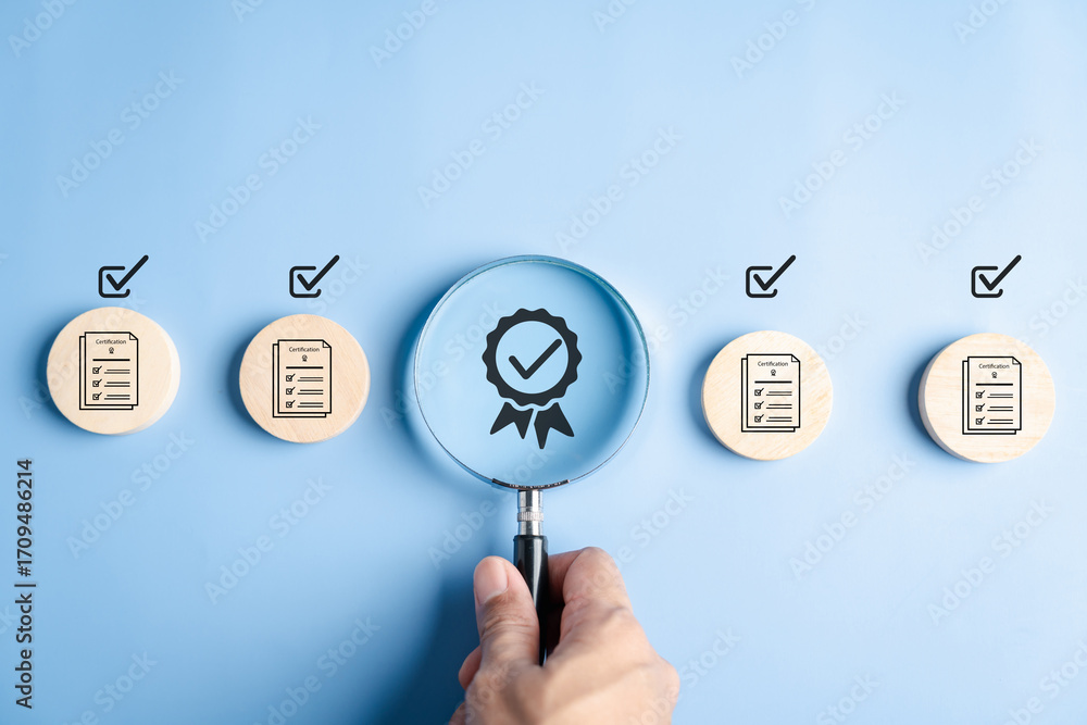 Aufkleber certificate document form survey with checklist icons and approval mark, certification process, fina