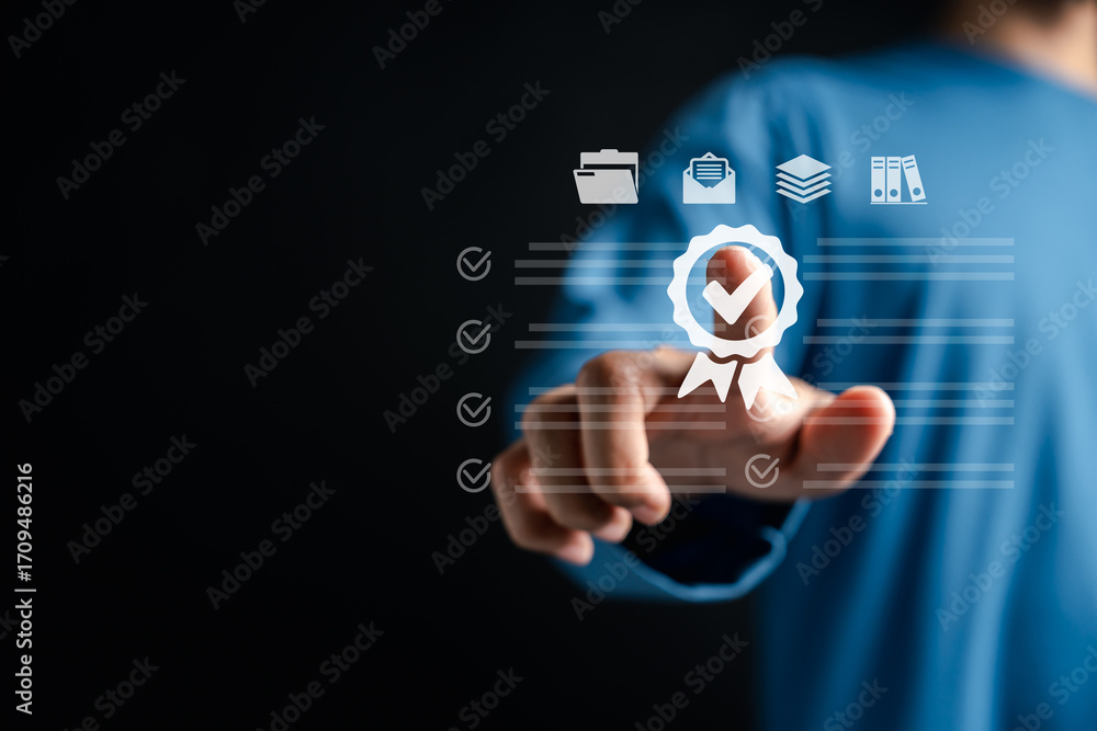 Poster certificate check with approval mark and digital checklist, compliance verification, audit validatio