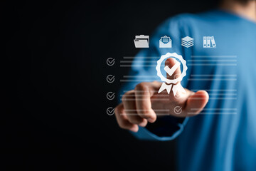 Certificate check with approval mark and digital checklist, compliance verification, audit...