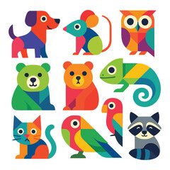 Naklejka premium Colorful Geometric Animal Vector Set Modern Abstract Pet and Wildlife Illustrations Collection
