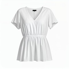 Obraz premium Elegant white v-neck blouse with a gathered waist on clean white background showcases modern simplicity