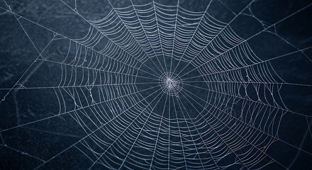 Fototapeta premium Intricate spiderweb glistening with morning dew against a dark background creating a delicate and captivating natural pattern