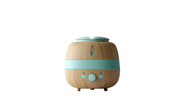 A stylish, wooden-toned humidifier with a light mint-green band, illuminated control panel, and subtle design.