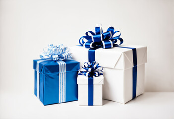 blue and white wrapped gift boxes