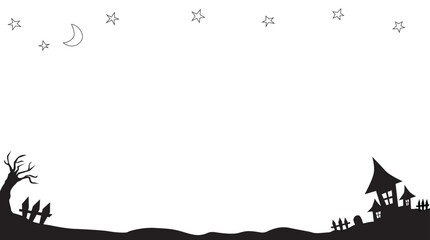 Black and white drawing of halloween background with stars and moon. Purple color. Vector illustration.