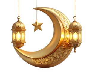 3d render Crescent moon and lantern decorations on transparent background. golden han
