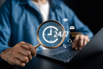 24 7 customer service support concept. online help desk, technical support, communication, call center, and digital assistance.