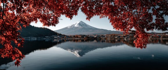 A lake with a mountain background and red leaves on the trees